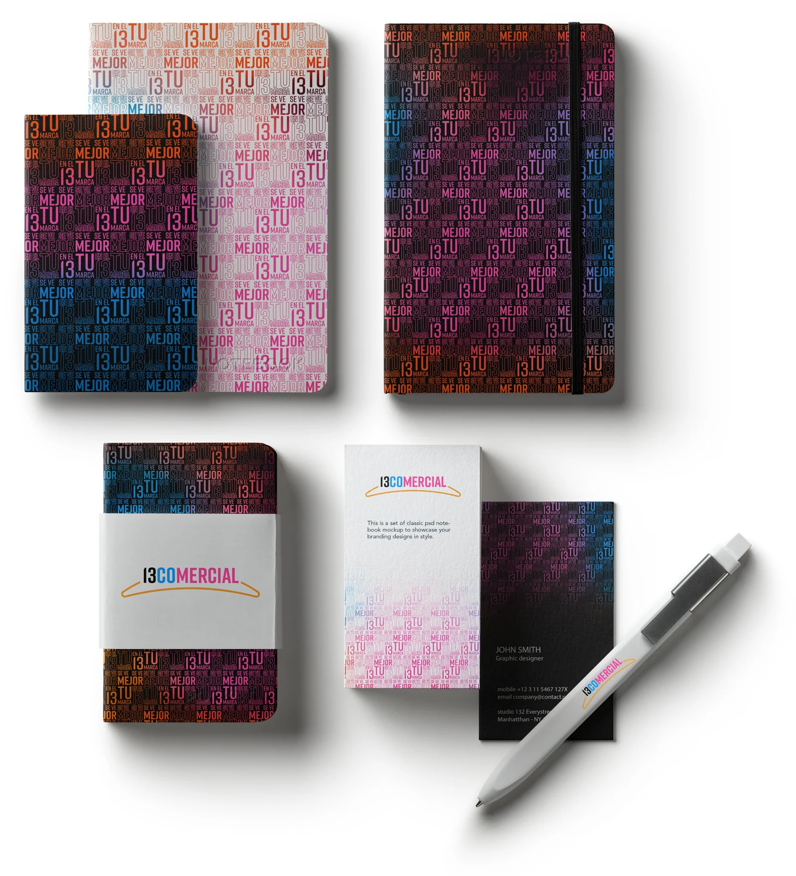 13Comercial notebooks, business cards and pen